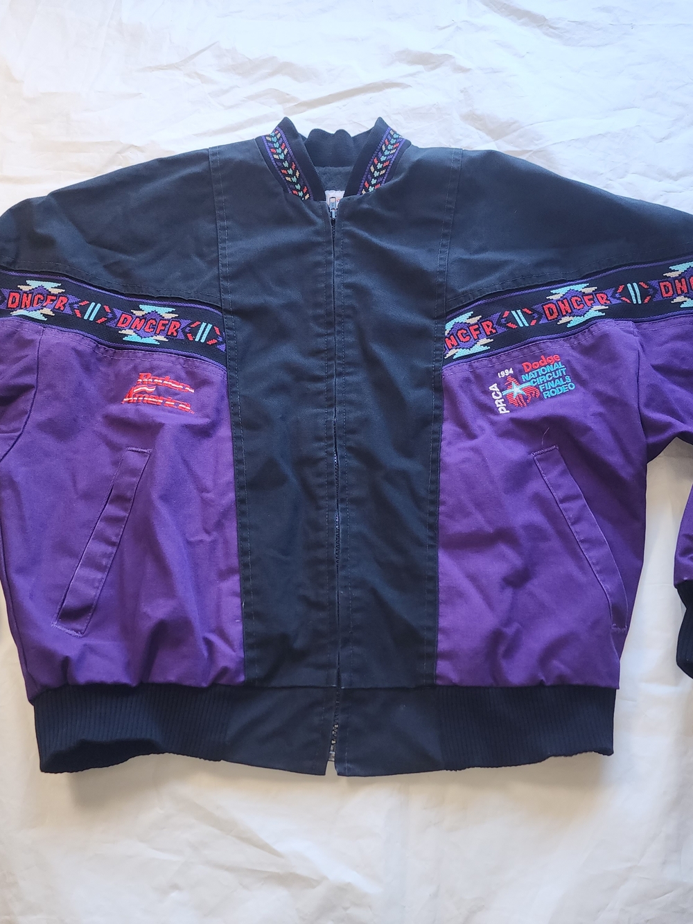 VTG DNCFR Men's Aztec Tribal Pattern Canvas Bomber Jacket Purple/Black Sz Md